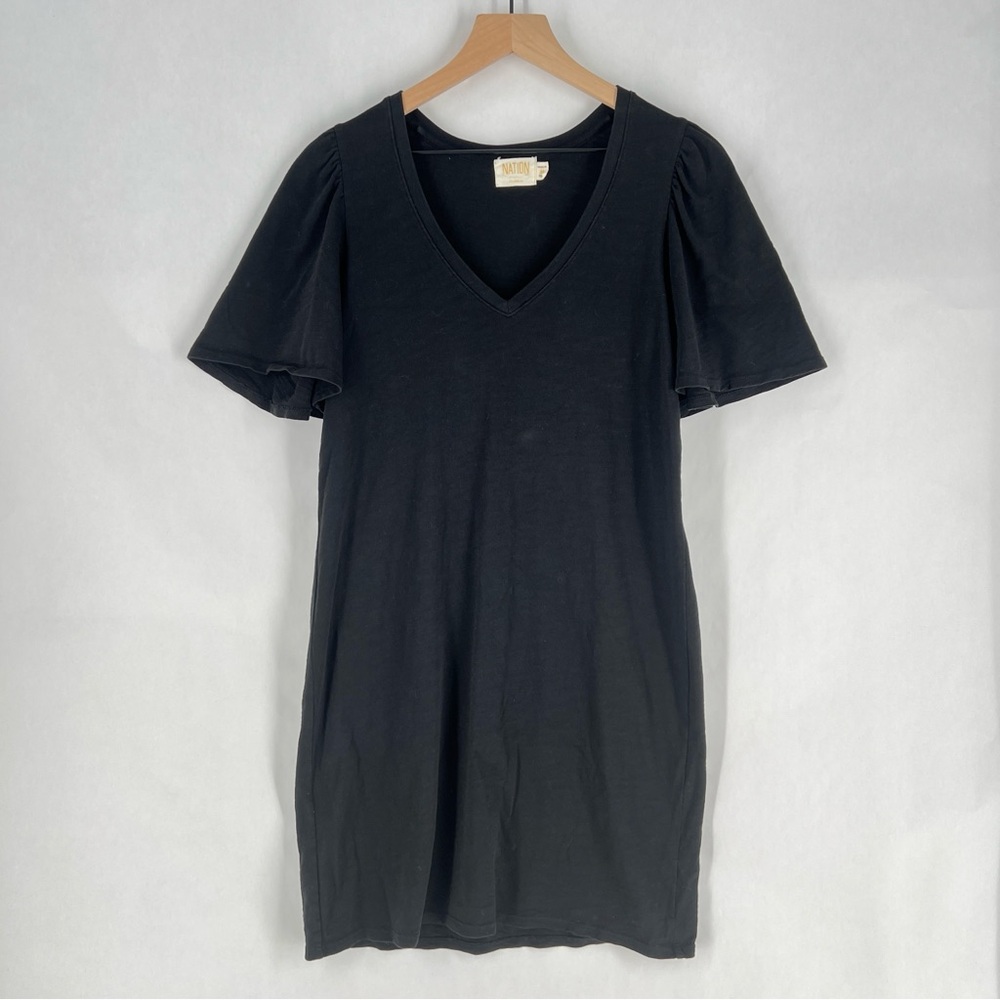 Nation LTD Mallory Black Cotton V-Neck Flutter Sleeve Shift Dress Size M‎